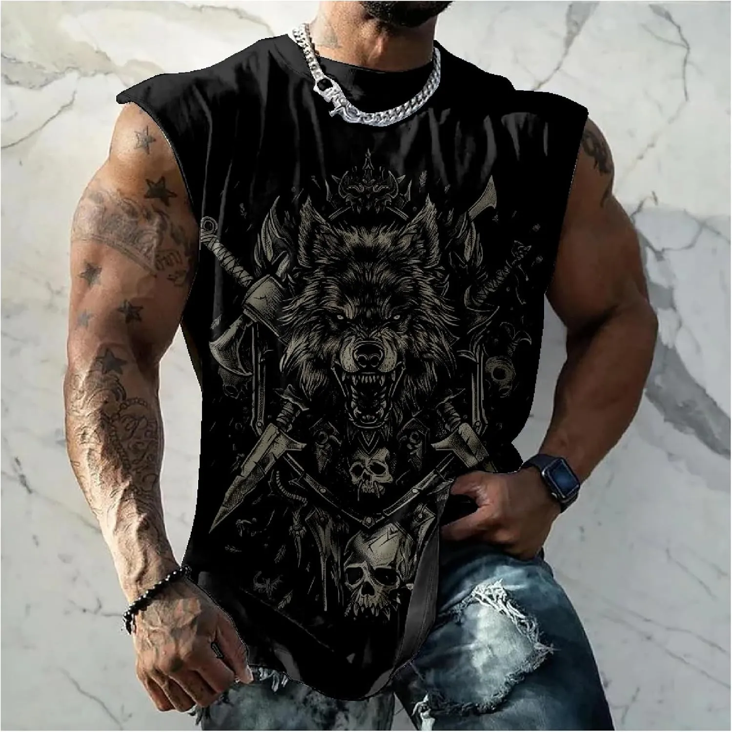 MARSVOVO Mens Graphic T-Shirts Cool Street Fashion Oversized Sleeveless Crewneck Gym Muscle Summer Fitness Quick Dry