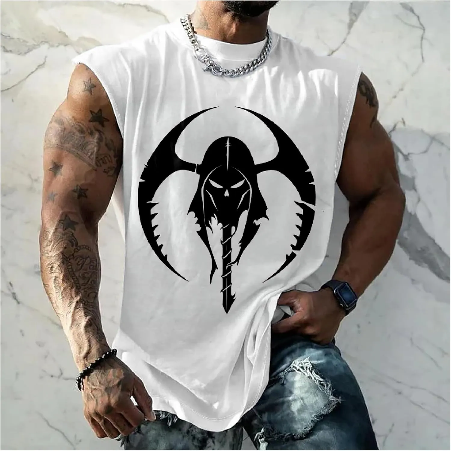 MARSVOVO Mens Graphic T-Shirts Cool Street Fashion Oversized Sleeveless Crewneck Gym Muscle Summer Fitness Quick Dry