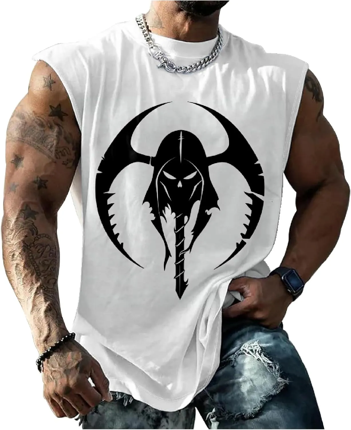 MARSVOVO Mens Graphic T-Shirts Cool Street Fashion Oversized Sleeveless Crewneck Gym Muscle Summer Fitness Quick Dry