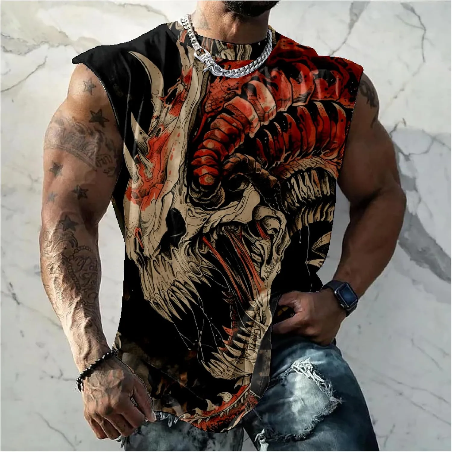 MARSVOVO Mens Graphic T-Shirts Cool Street Fashion Oversized Sleeveless Crewneck Gym Muscle Summer Fitness Quick Dry