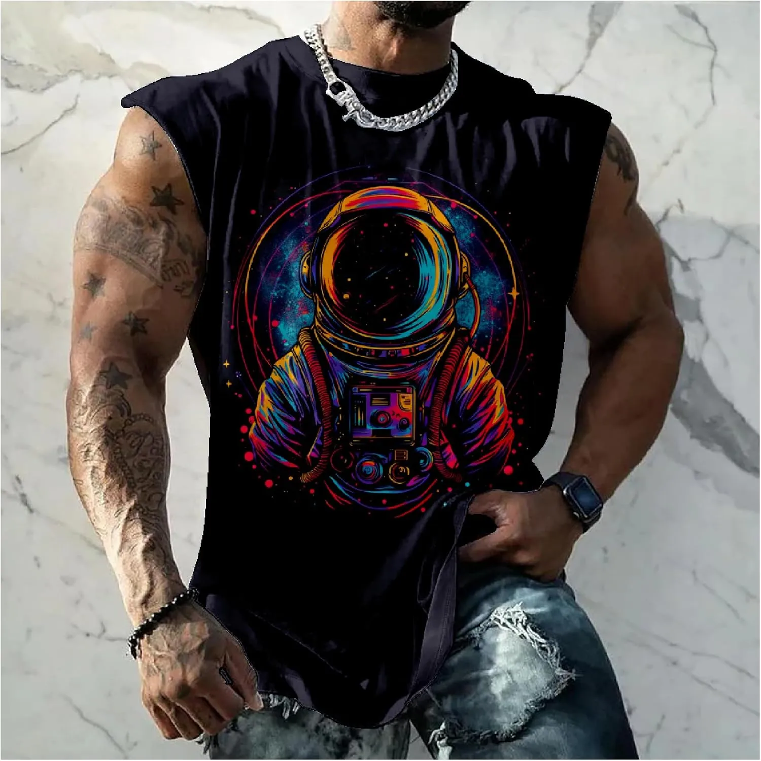 MARSVOVO Mens Graphic T-Shirts Cool Street Fashion Oversized Sleeveless Crewneck Gym Muscle Summer Fitness Quick Dry