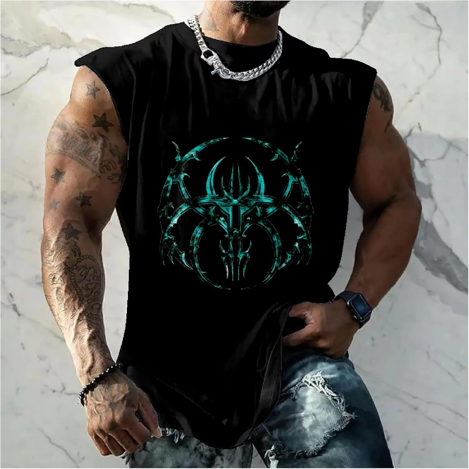 MARSVOVO Mens Graphic T-Shirts Cool Street Fashion Oversized Sleeveless Crewneck Gym Muscle Summer Fitness Quick Dry