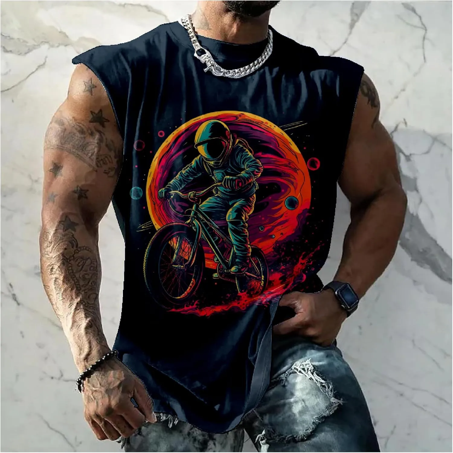 MARSVOVO Mens Graphic T-Shirts Cool Street Fashion Oversized Sleeveless Crewneck Gym Muscle Summer Fitness Quick Dry
