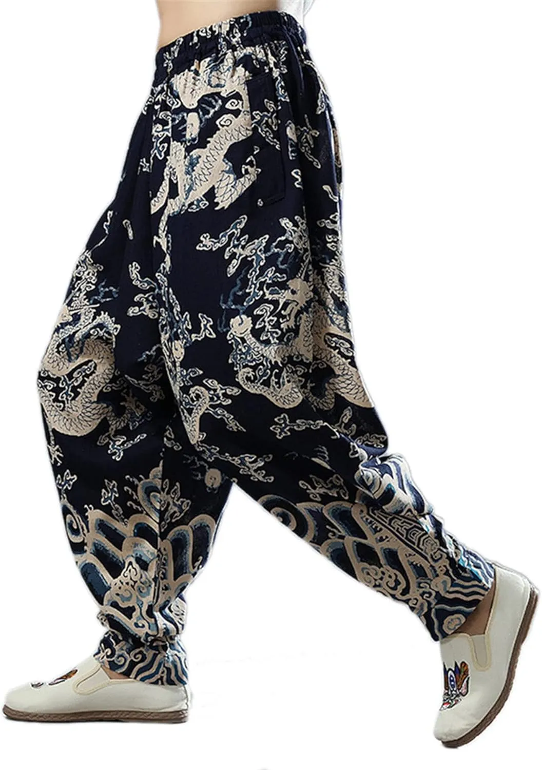 Men`s Chinese Traditional Dragon Baggy Harem Pants Trousers