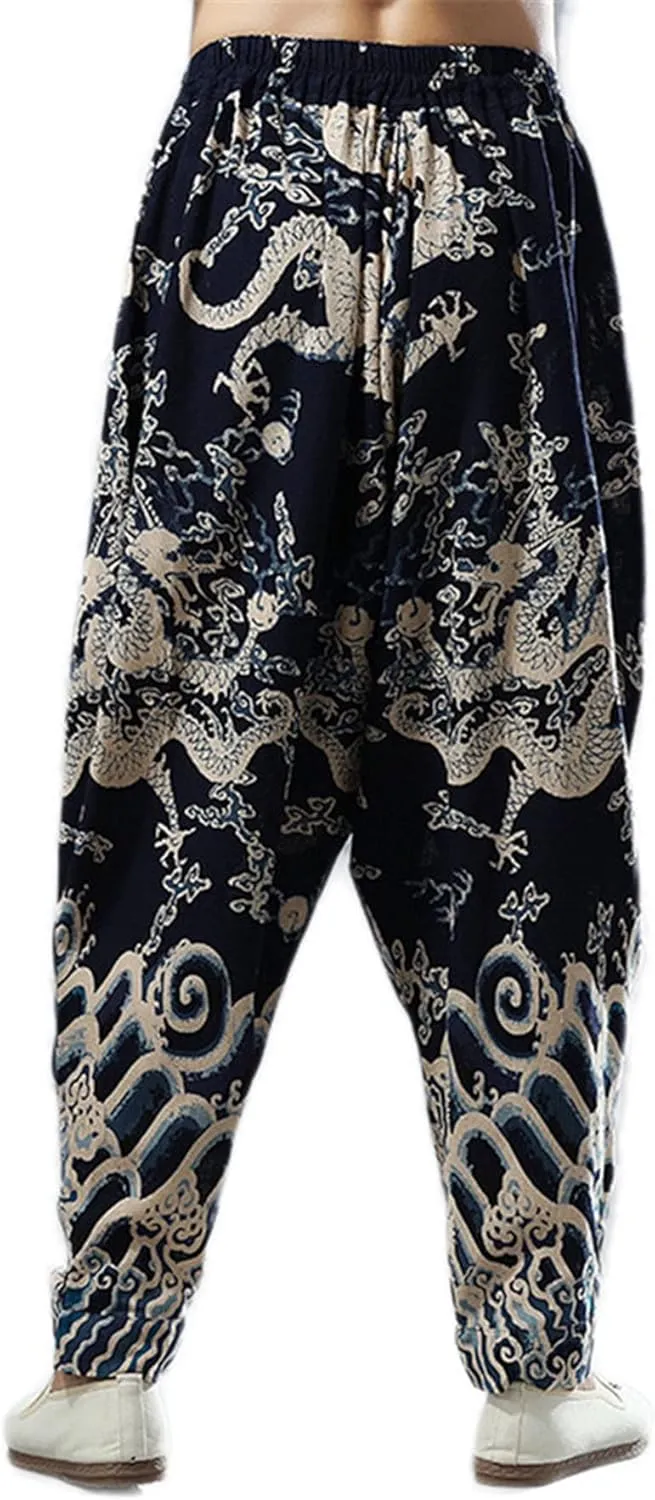 Men`s Chinese Traditional Dragon Baggy Harem Pants Trousers