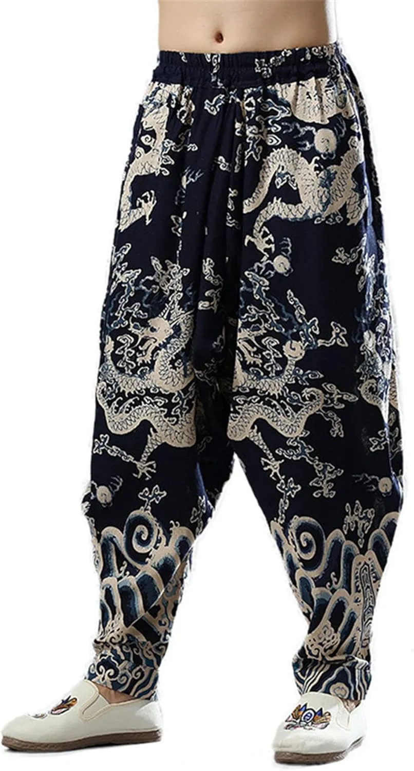 Men`s Chinese Traditional Dragon Baggy Harem Pants Trousers