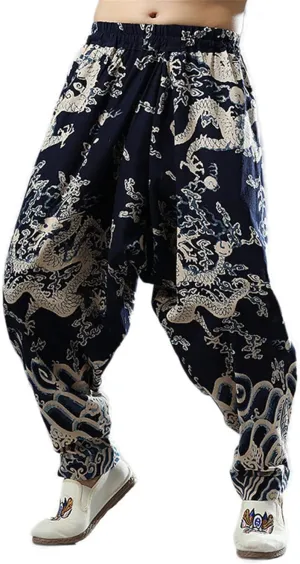 Men`s Chinese Traditional Dragon Baggy Harem Pants Trousers