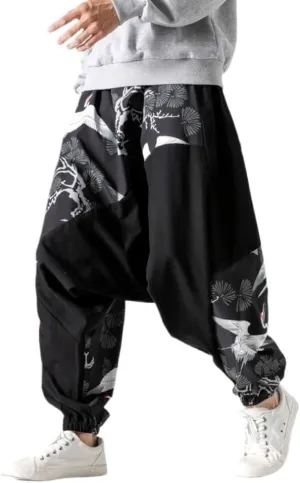 Men's Drawstring Boho Hippie Harem Pants Flying Crane Loose Drop Crotch Trousers Calligraphy Print Yoga Genie Pants (Black-1,XL,Men,Male,Adult,US,Alpha,30.99,X-Large,Regular,Regular)