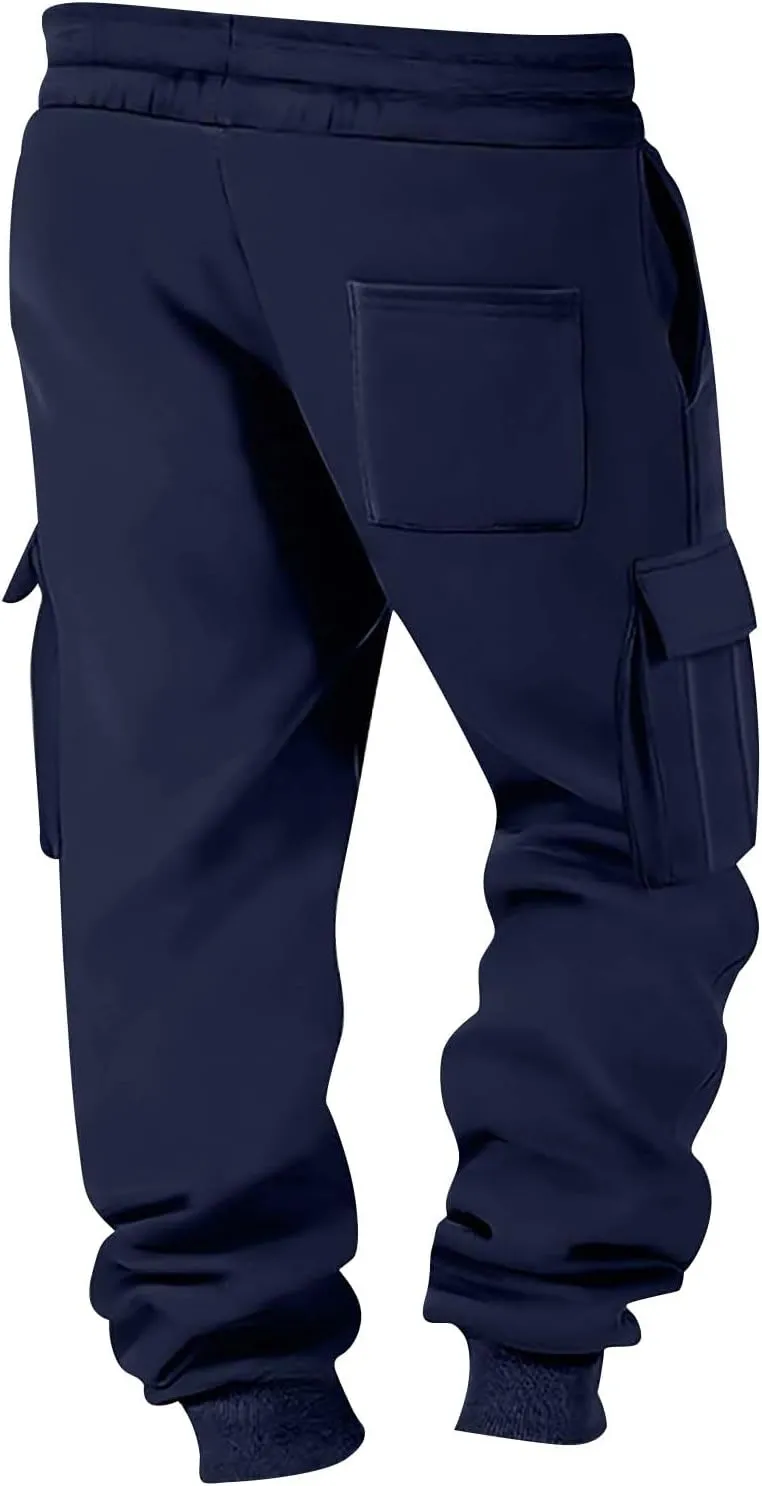 Mens Hiking Cargo Pants Large Elastic Waist Pants with Multi-Pocket Fit Drawstring Wide Trousers