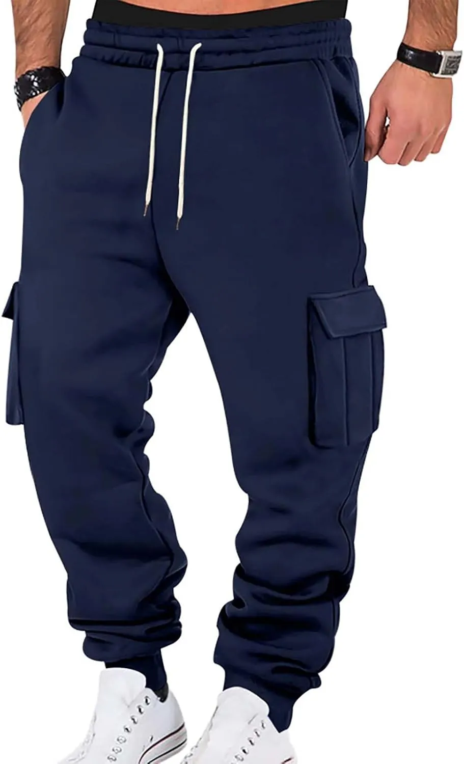 Mens Hiking Cargo Pants Large Elastic Waist Pants with Multi-Pocket Fit Drawstring Wide Trousers