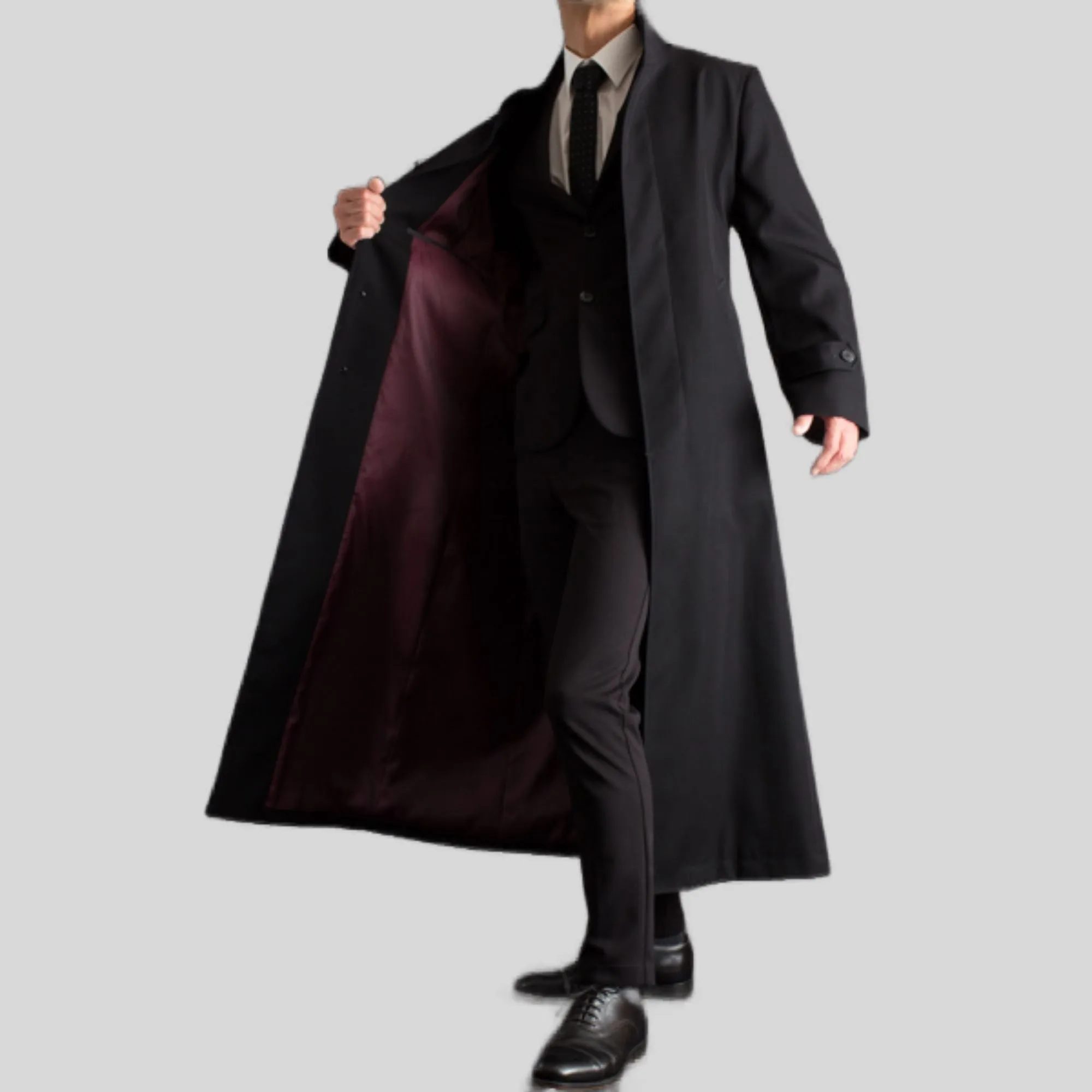 Men's Long Designer Stand-Up Collar Black Belted Genuine Wool Trench Coat