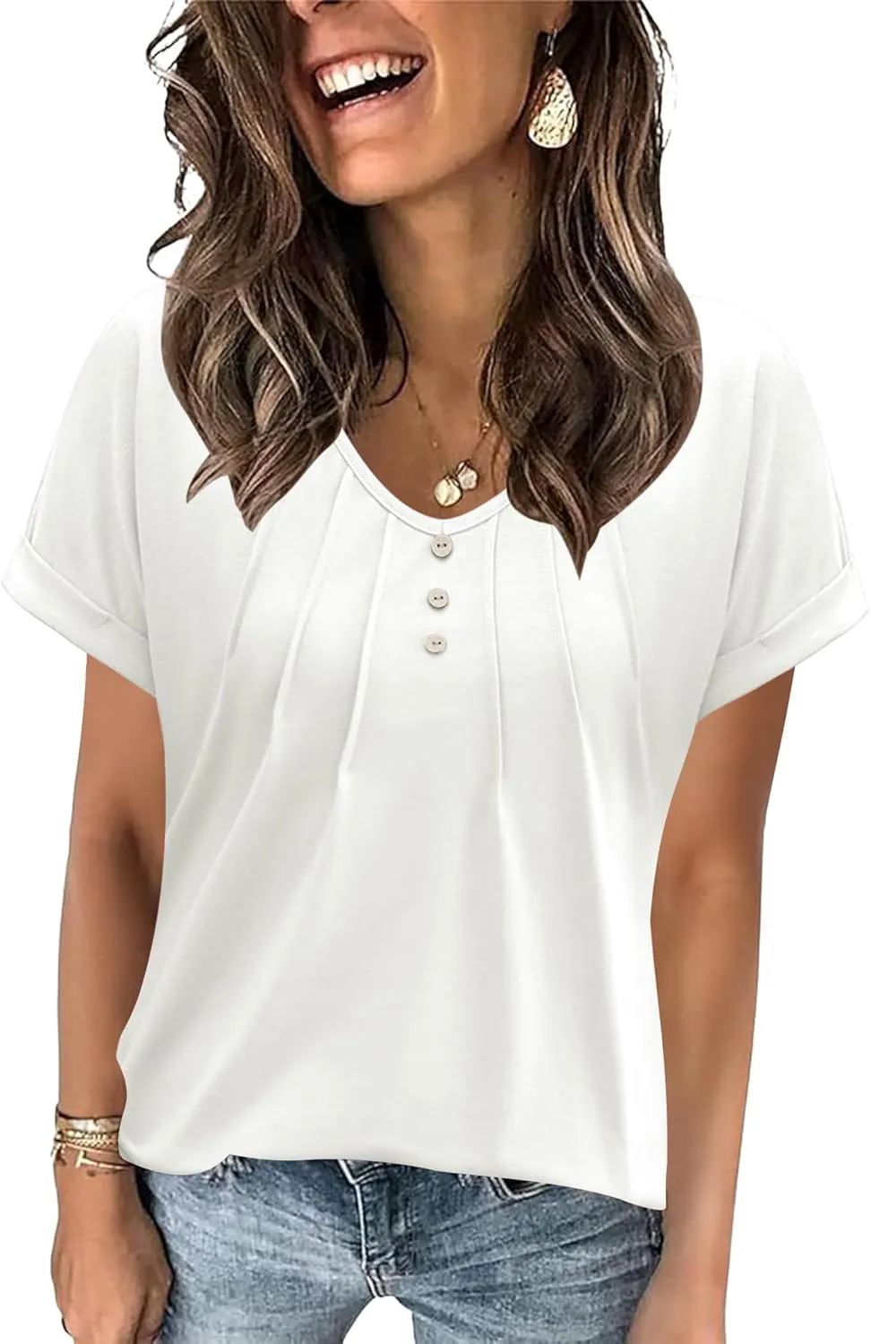 Micoson Women's V Neck T Shirts Short Sleeve Shirts Summer Blouses Pleated Button Tunic Tops Dressy Casual