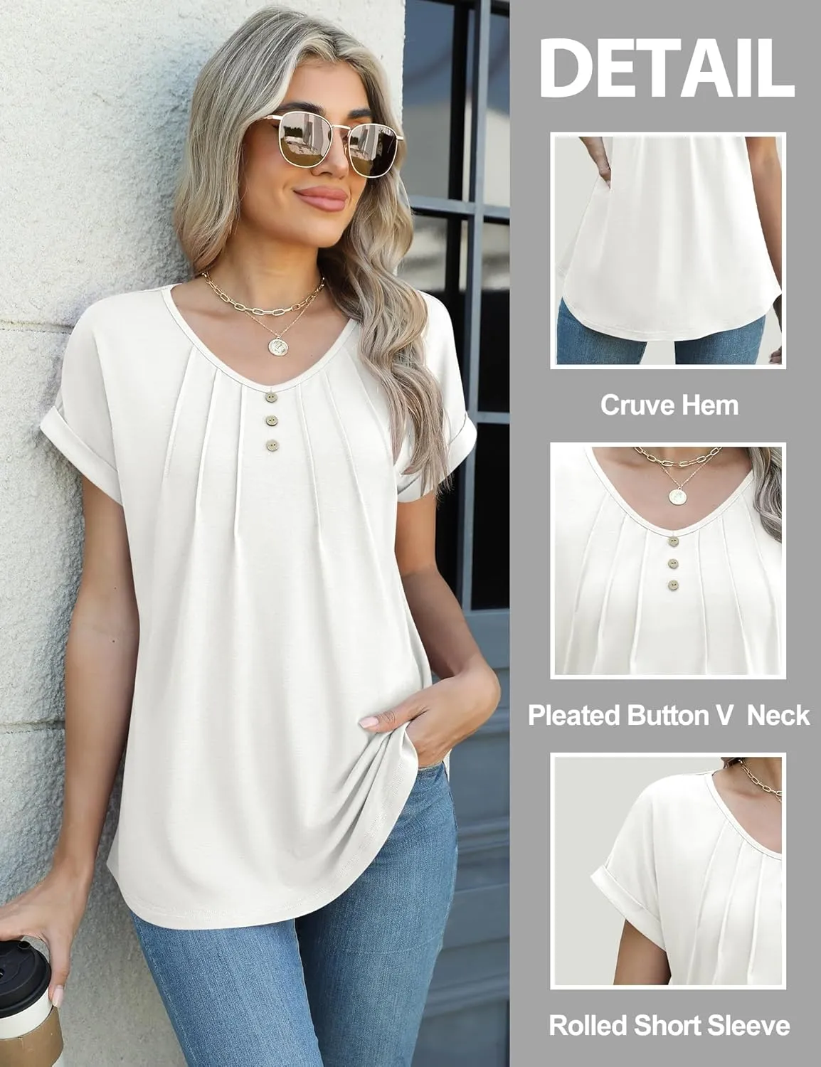Micoson Women's V Neck T Shirts Short Sleeve Shirts Summer Blouses Pleated Button Tunic Tops Dressy Casual
