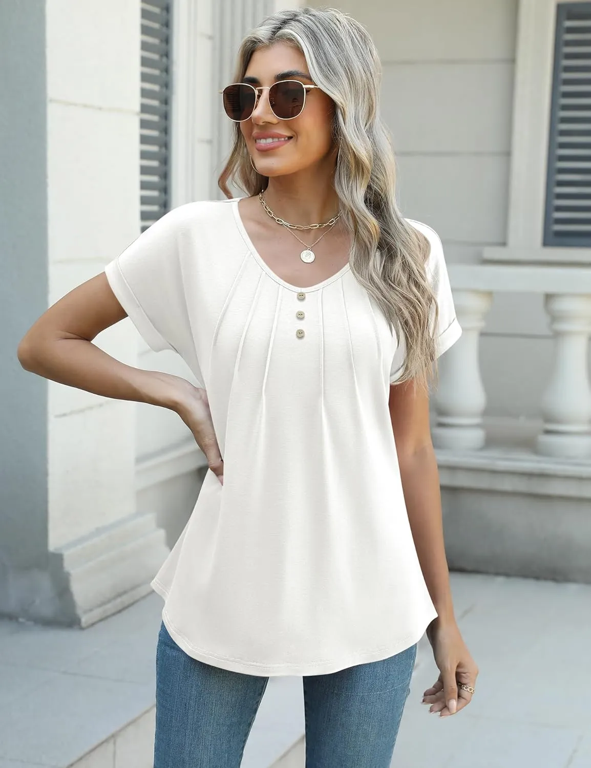 Micoson Women's V Neck T Shirts Short Sleeve Shirts Summer Blouses Pleated Button Tunic Tops Dressy Casual