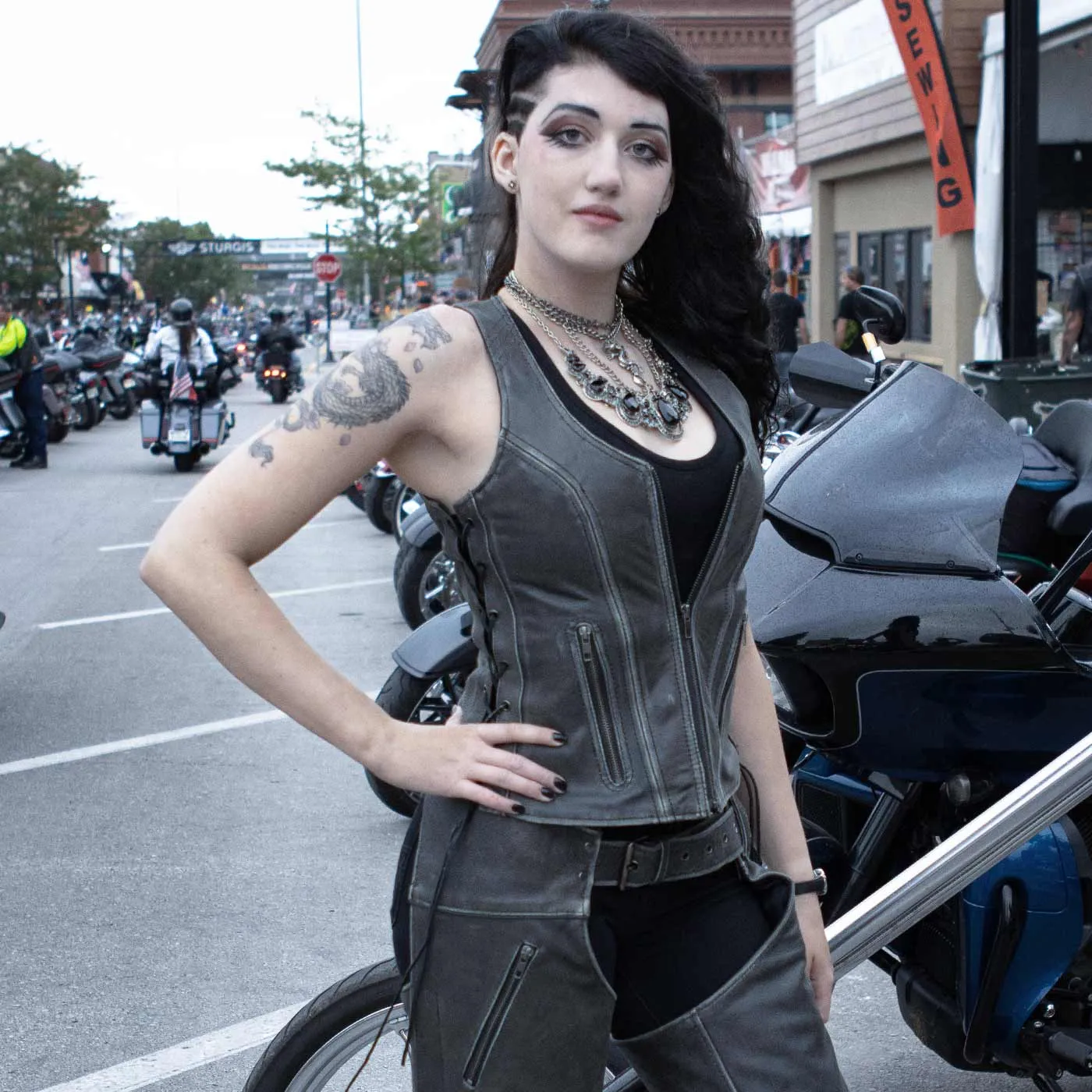 Milwaukee Leather Women's V-Neck Distress Grey Premium Leather