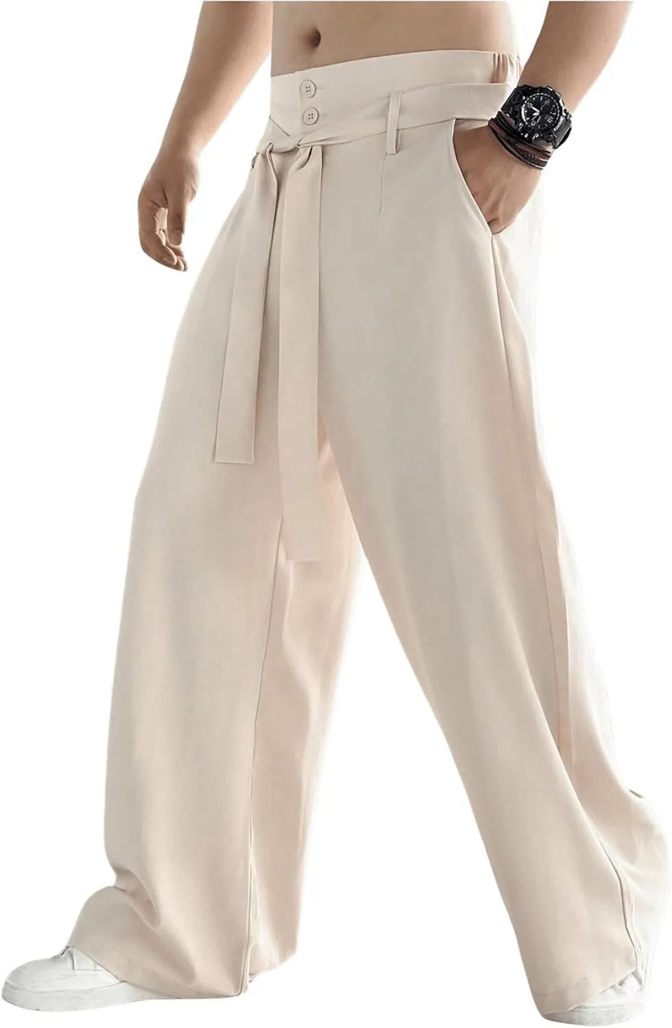 OYOANGLE Men's Elastic Waisted Wide Leg Long Pants Tie Front Belted Loose Casual Trousers with Pockets