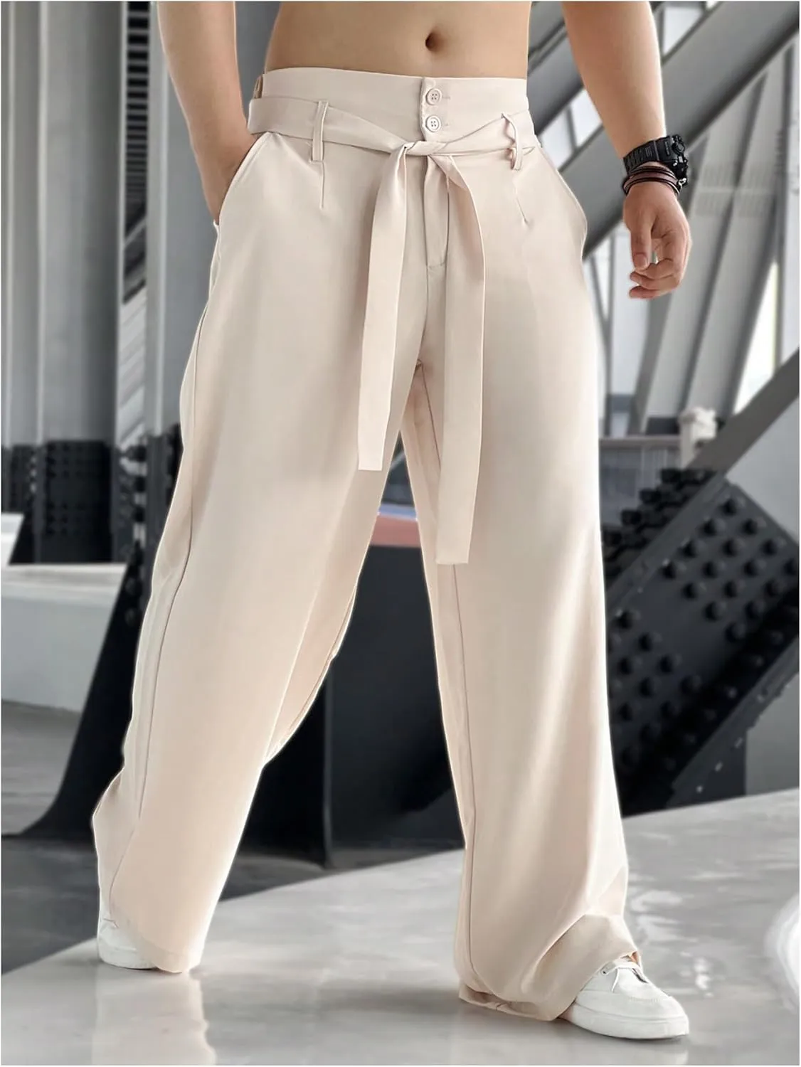 OYOANGLE Men's Elastic Waisted Wide Leg Long Pants Tie Front Belted Loose Casual Trousers with Pockets