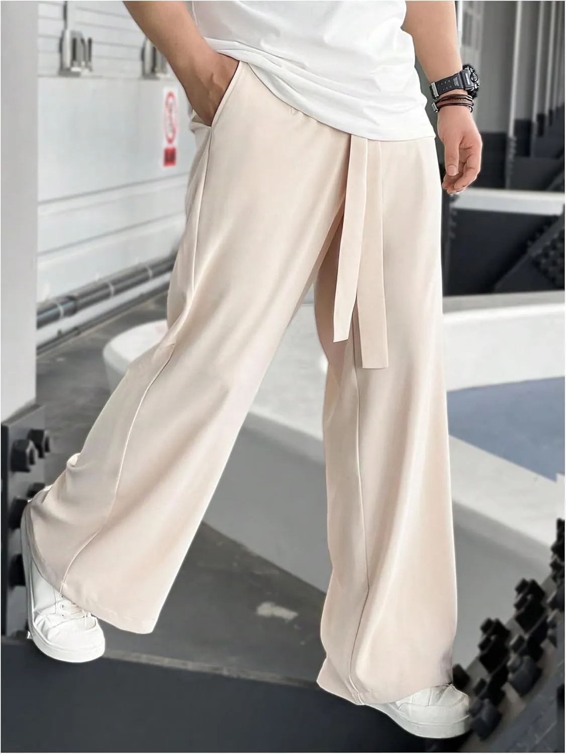 OYOANGLE Men's Elastic Waisted Wide Leg Long Pants Tie Front Belted Loose Casual Trousers with Pockets