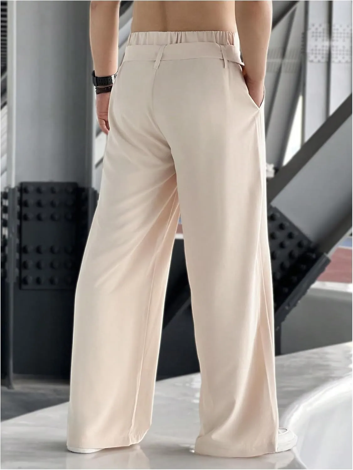 OYOANGLE Men's Elastic Waisted Wide Leg Long Pants Tie Front Belted Loose Casual Trousers with Pockets
