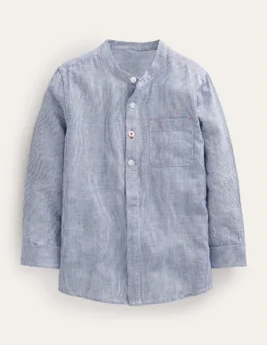 Patterned Grandad Shirt-Blue Ticking