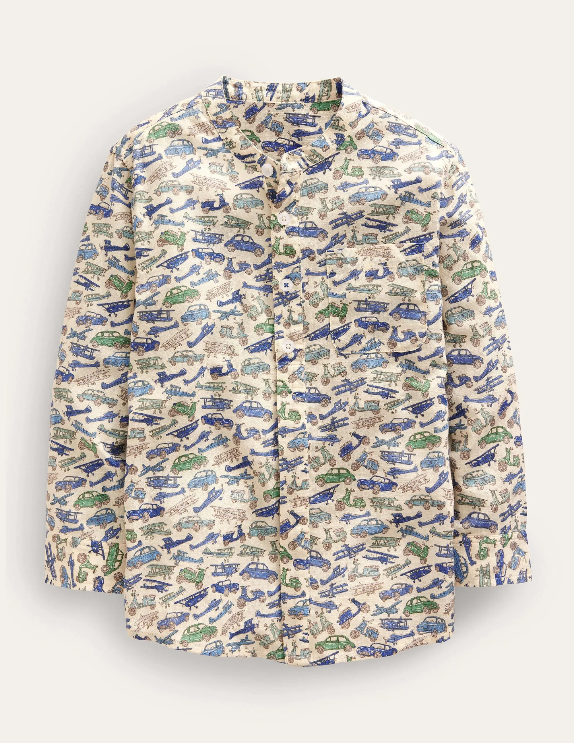Patterned Grandad Shirt-Blue Vechicles