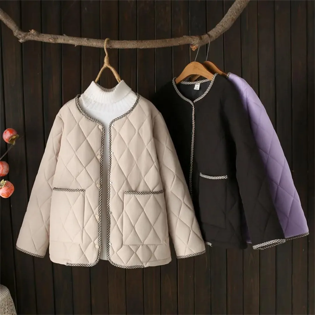 Plus Size Women Parka Autumn Winter Casual Loose Thin Contrast Color Cotton-Padded Coat