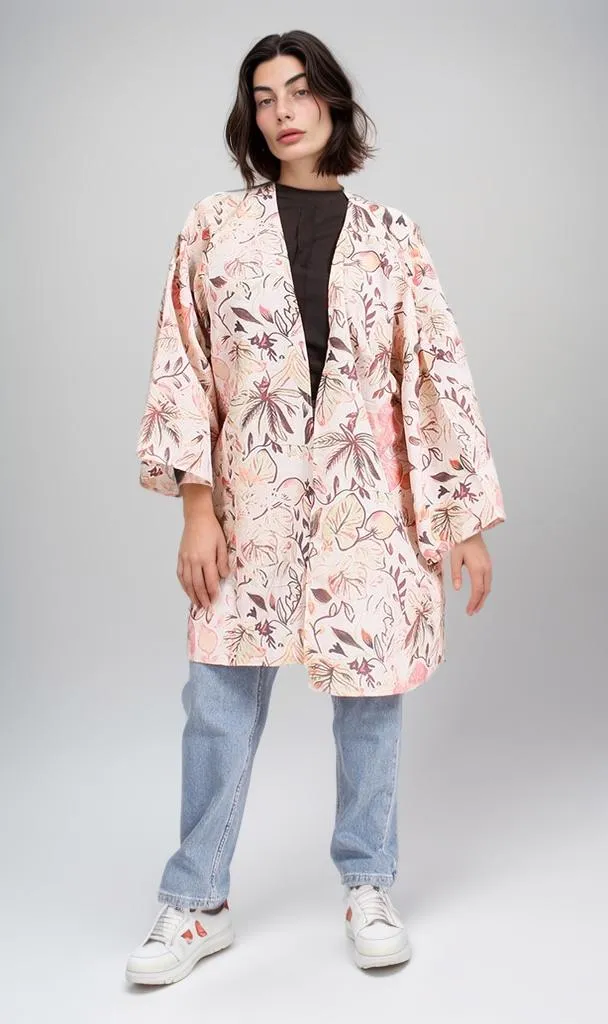 R208481 - Printed Linen Kimono - Floral Beige