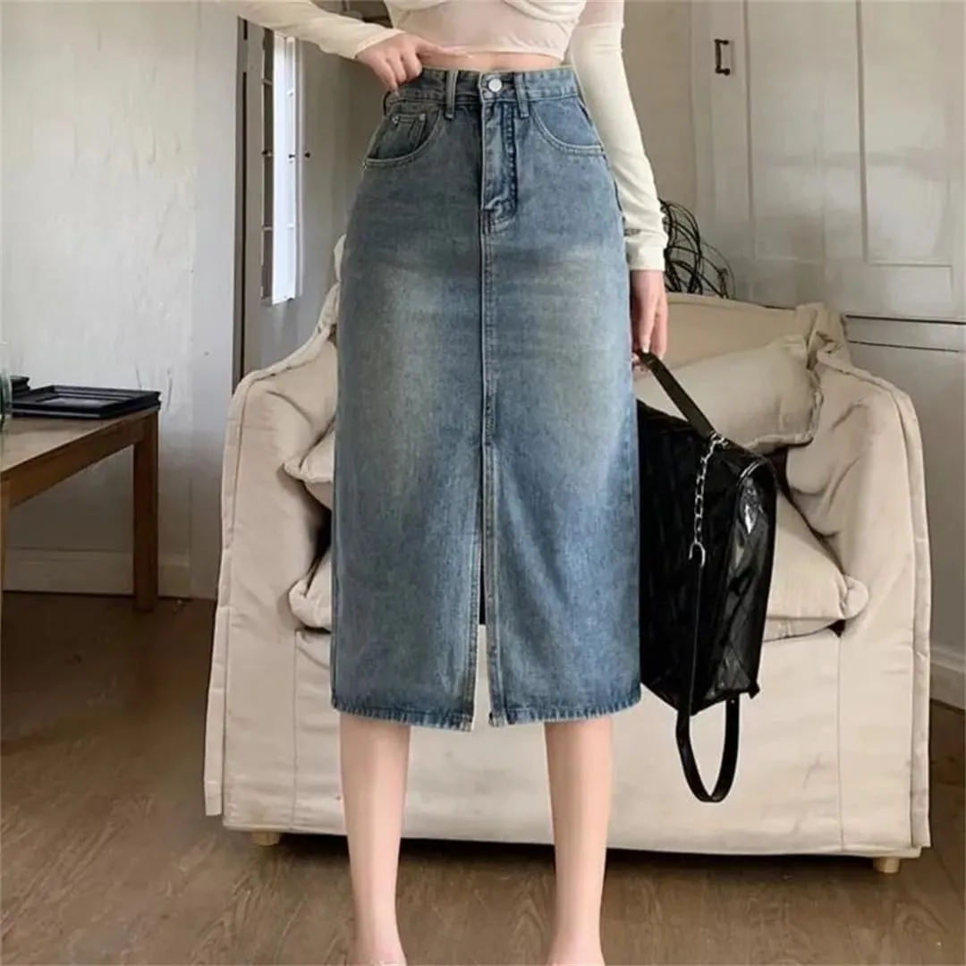 Retro High-Waisted Split Denim Jeans Skirt Women Loose Thin Long A-Line Bag Hip Skirt