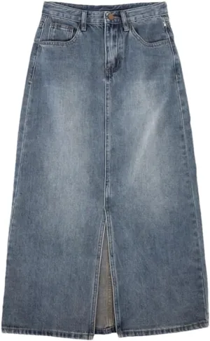 Retro High-Waisted Split Denim Jeans Skirt Women Loose Thin Long A-Line Bag Hip Skirt