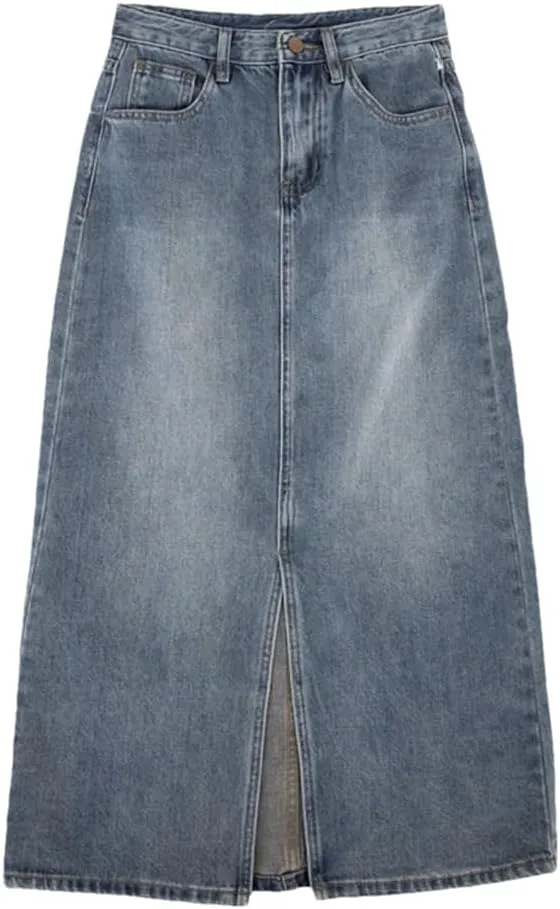Retro High-Waisted Split Denim Jeans Skirt Women Loose Thin Long A-Line Bag Hip Skirt