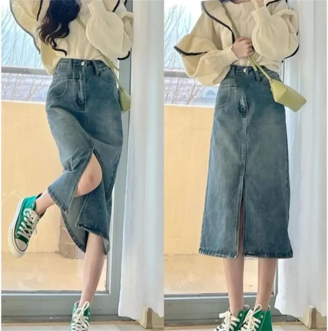 Retro High-Waisted Split Denim Jeans Skirt Women Loose Thin Long A-Line Bag Hip Skirt