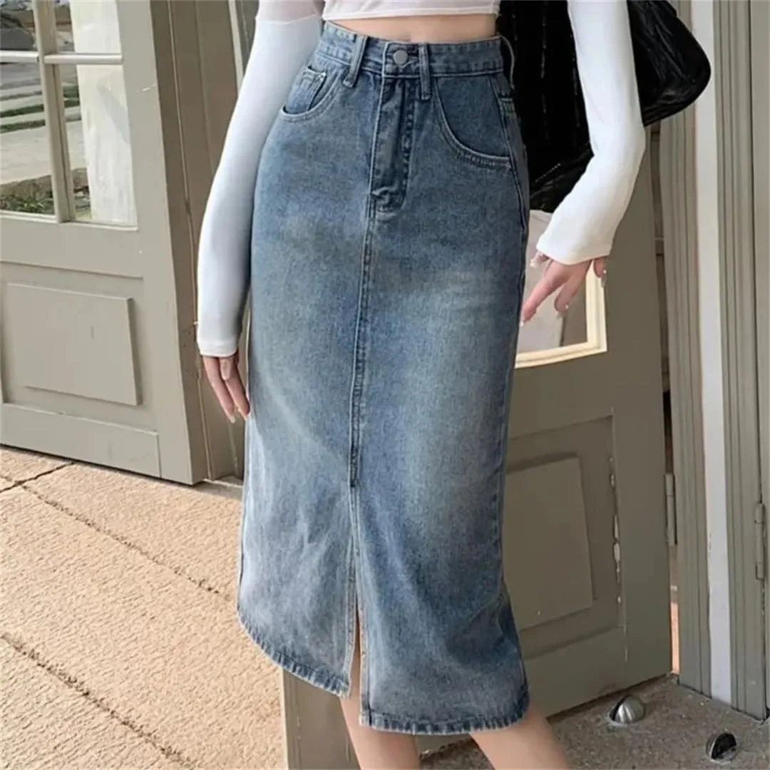 Retro High-Waisted Split Denim Jeans Skirt Women Loose Thin Long A-Line Bag Hip Skirt