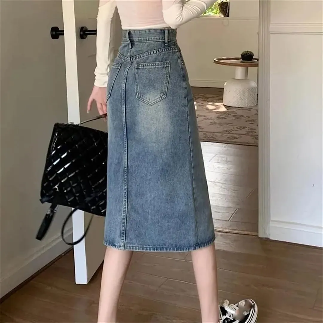 Retro High-Waisted Split Denim Jeans Skirt Women Loose Thin Long A-Line Bag Hip Skirt