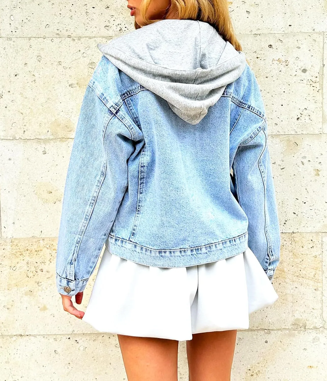 SCOFEEL Women's Oversized Denim Jacket Long Sleeve Distressed Button Down Shacket Detachable Hood Loose Jean Jacket