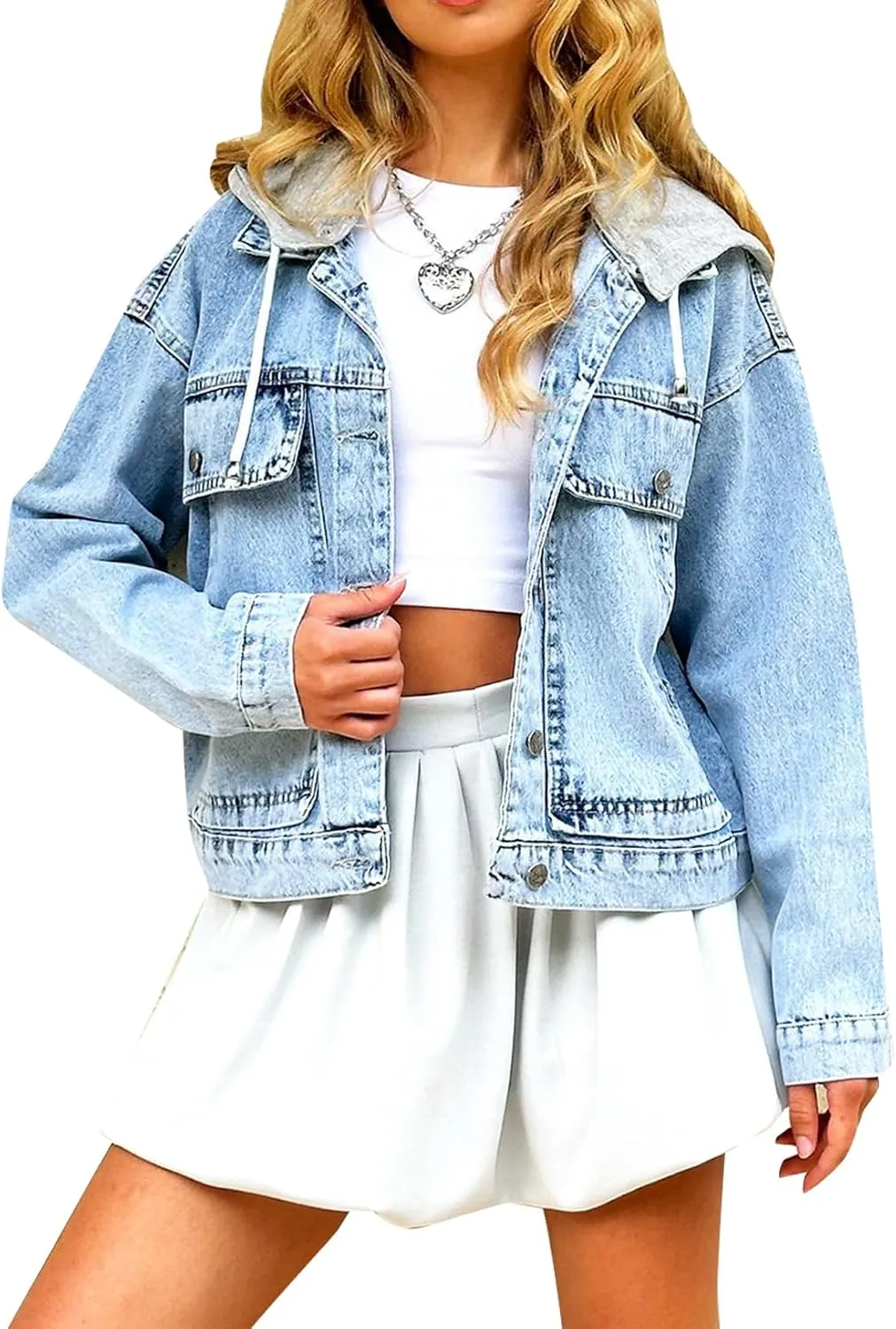 SCOFEEL Women's Oversized Denim Jacket Long Sleeve Distressed Button Down Shacket Detachable Hood Loose Jean Jacket
