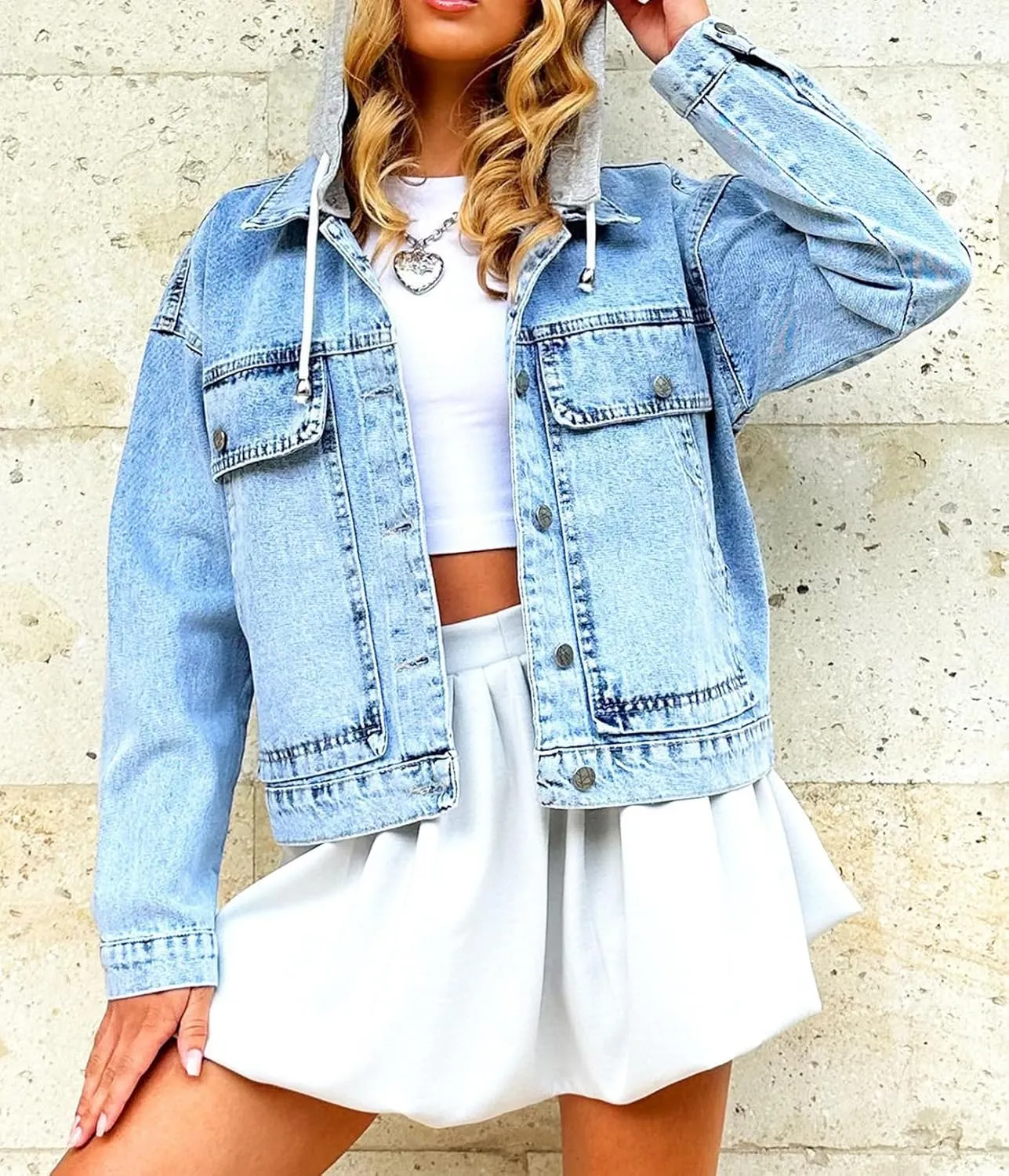 SCOFEEL Women's Oversized Denim Jacket Long Sleeve Distressed Button Down Shacket Detachable Hood Loose Jean Jacket