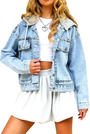 SCOFEEL Women's Oversized Denim Jacket Long Sleeve Distressed Button Down Shacket Detachable Hood Loose Jean Jacket