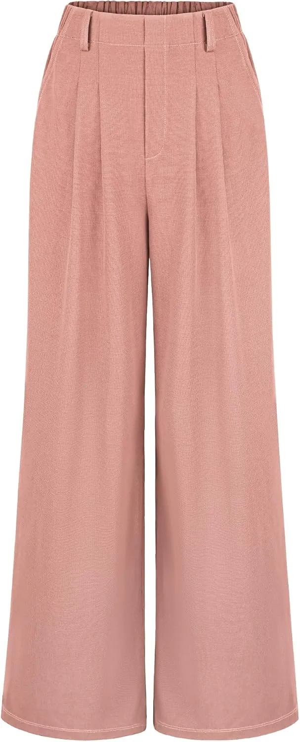 SeSe Code Women's Wide Leg Pants Elastic High Waisted Waffle Knit Casual Slacks Work Business Palazzo Trousers with Pockets