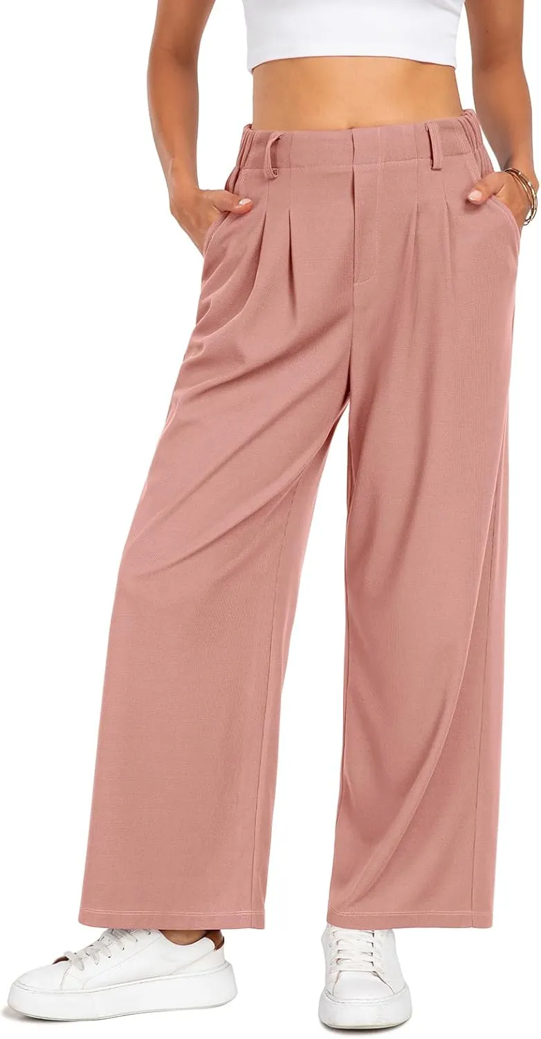 SeSe Code Women's Wide Leg Pants Elastic High Waisted Waffle Knit Casual Slacks Work Business Palazzo Trousers with Pockets
