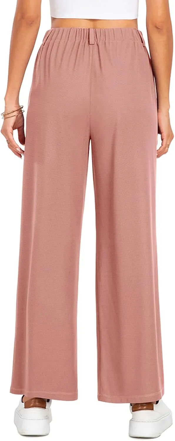 SeSe Code Women's Wide Leg Pants Elastic High Waisted Waffle Knit Casual Slacks Work Business Palazzo Trousers with Pockets