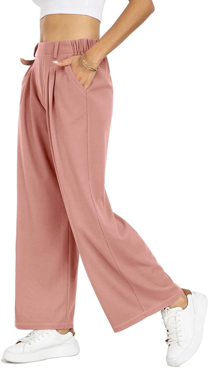 SeSe Code Women's Wide Leg Pants Elastic High Waisted Waffle Knit Casual Slacks Work Business Palazzo Trousers with Pockets
