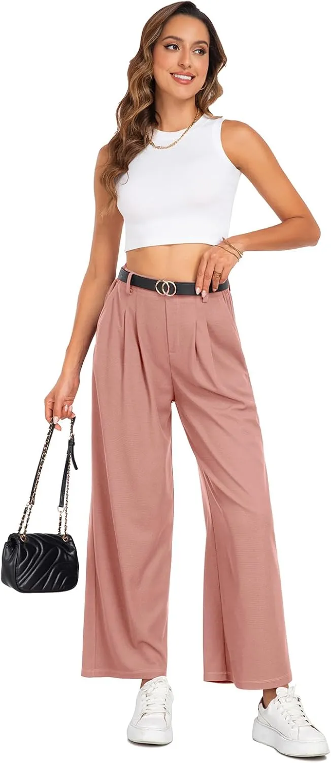 SeSe Code Women's Wide Leg Pants Elastic High Waisted Waffle Knit Casual Slacks Work Business Palazzo Trousers with Pockets