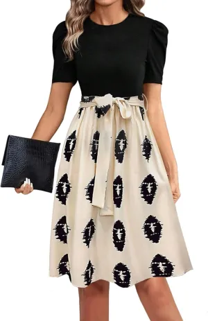 Summer Dresses for Women 2025 Patchwork Short Sleeve Tie Waist Dress Floral Garden Party Flowy Beach Mini Sundress