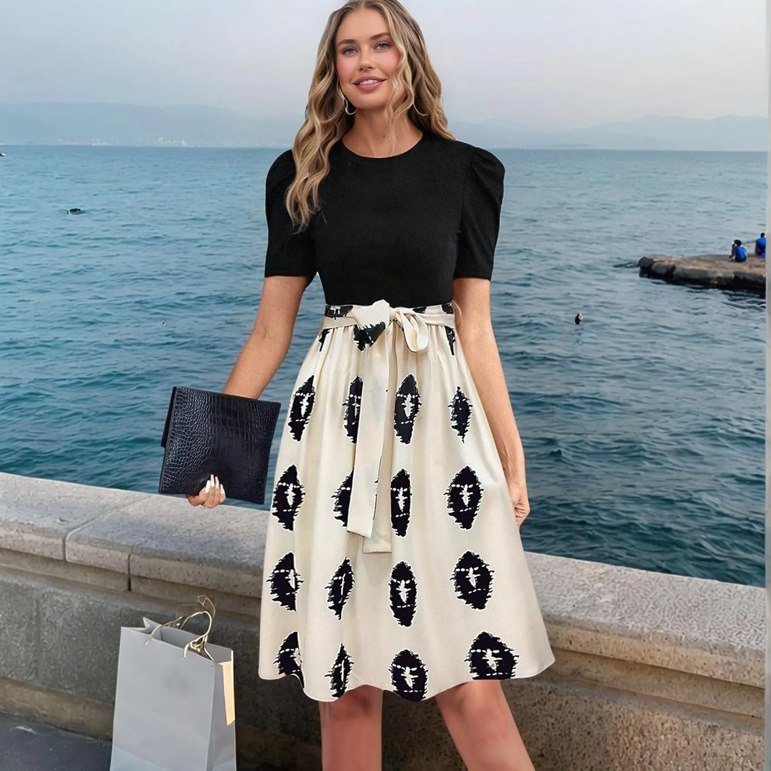 Summer Dresses for Women 2025 Patchwork Short Sleeve Tie Waist Dress Floral Garden Party Flowy Beach Mini Sundress