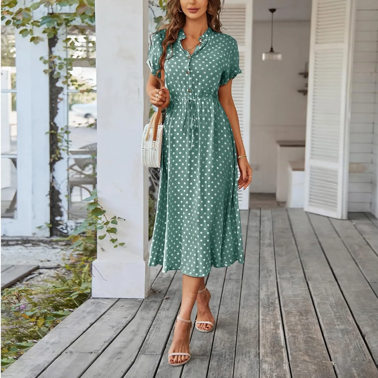 Summer Dresses for Women 2025 Short Sleeve Ruched Tie Waist Dress V Neck Polka Dot Button Down Boho Midi Sundress