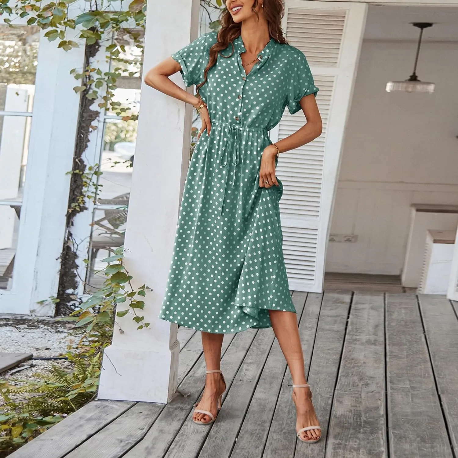 Summer Dresses for Women 2025 Short Sleeve Ruched Tie Waist Dress V Neck Polka Dot Button Down Boho Midi Sundress