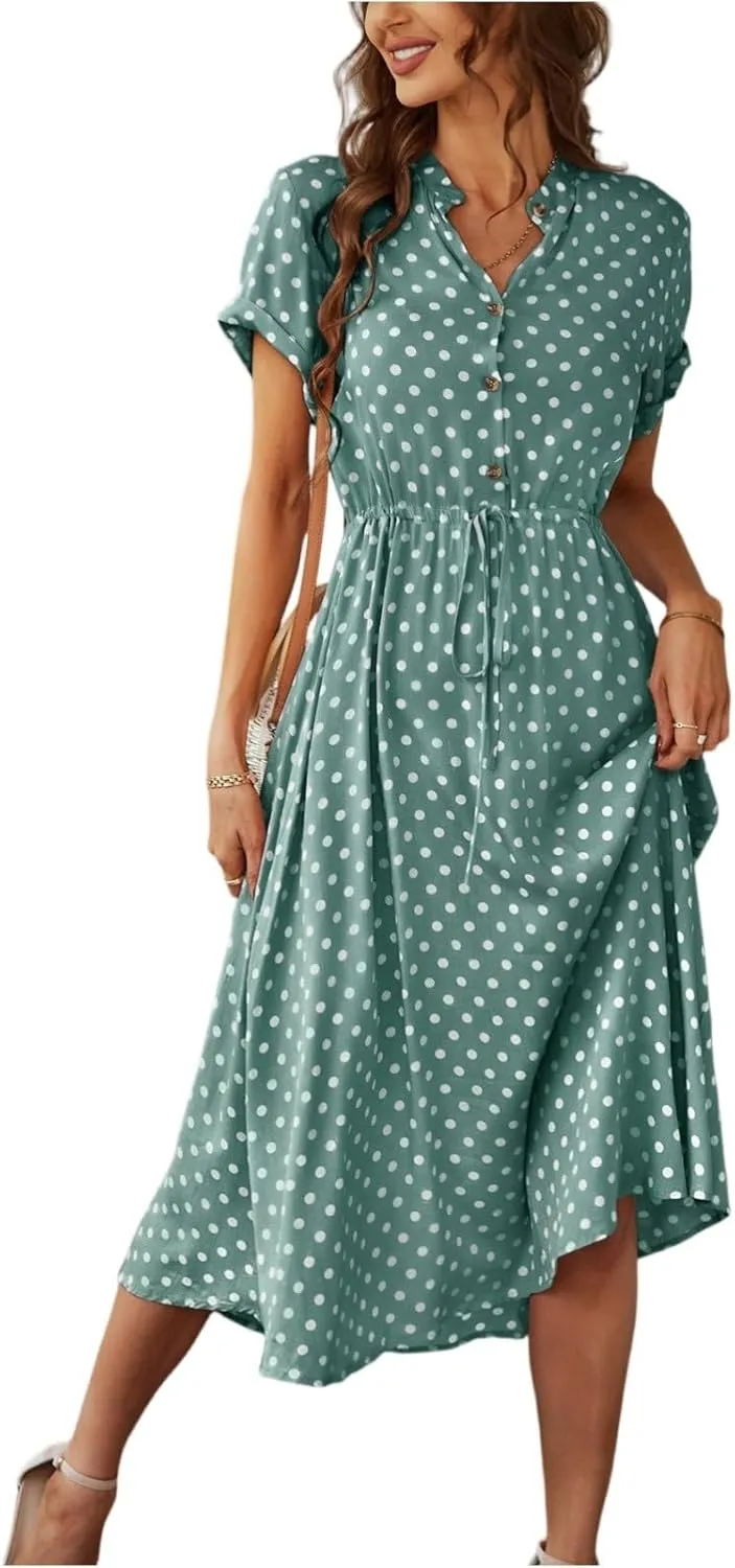 Summer Dresses for Women 2025 Short Sleeve Ruched Tie Waist Dress V Neck Polka Dot Button Down Boho Midi Sundress