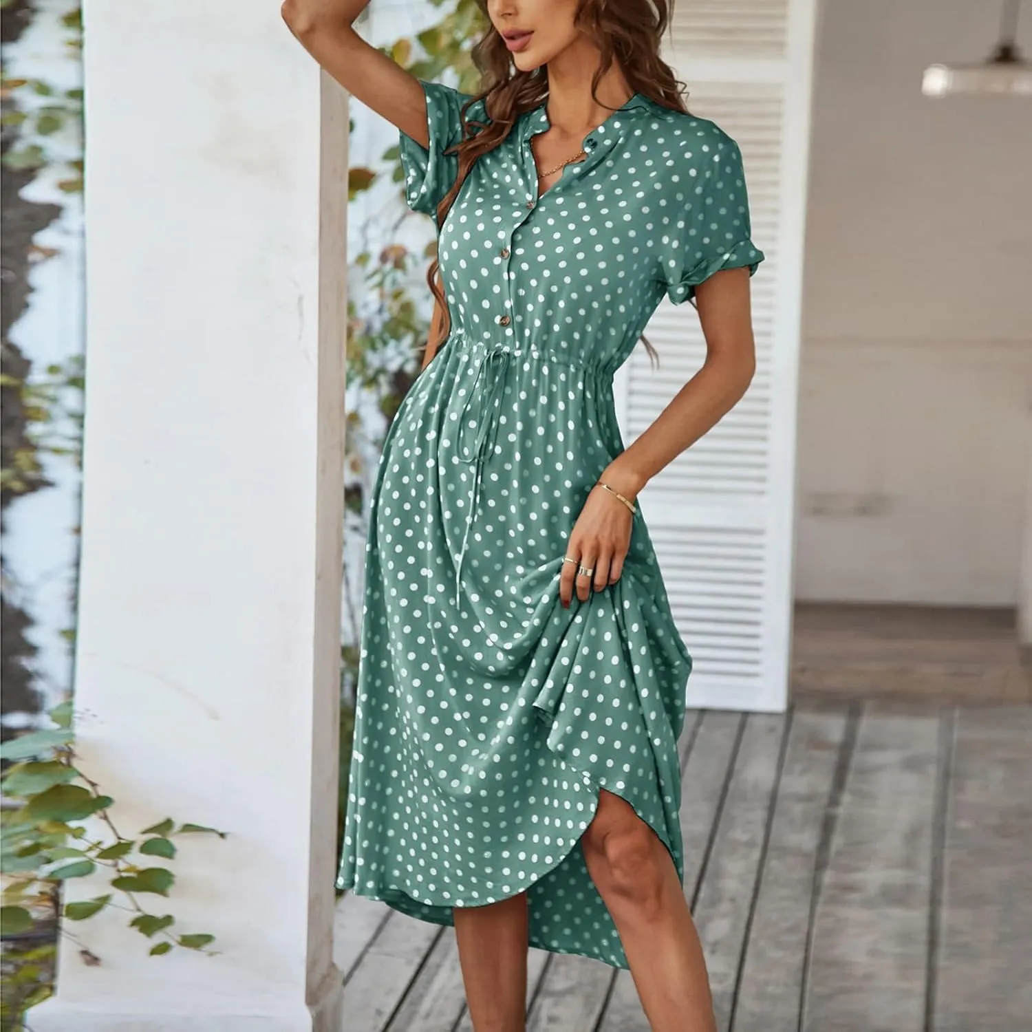 Summer Dresses for Women 2025 Short Sleeve Ruched Tie Waist Dress V Neck Polka Dot Button Down Boho Midi Sundress