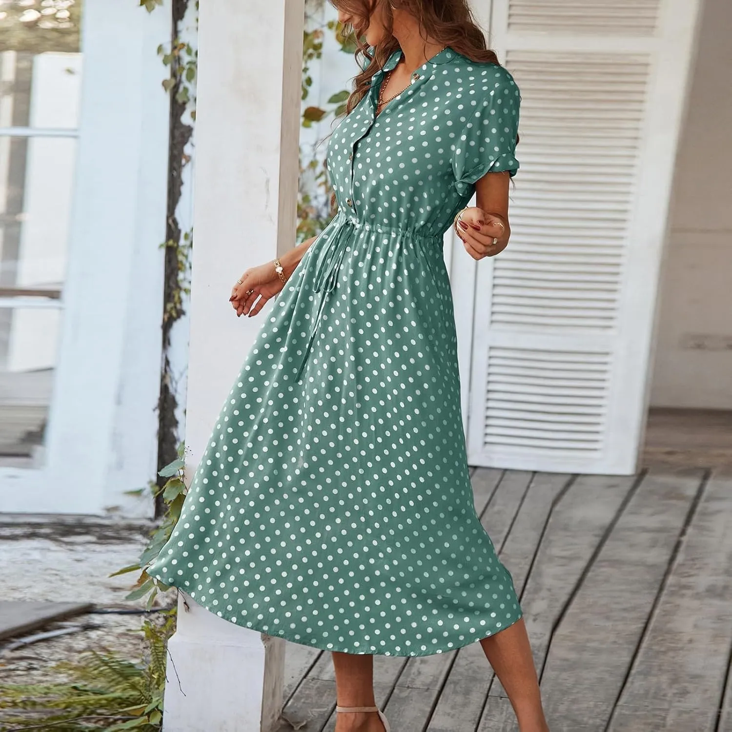 Summer Dresses for Women 2025 Short Sleeve Ruched Tie Waist Dress V Neck Polka Dot Button Down Boho Midi Sundress