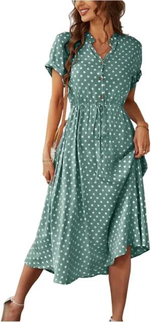 Summer Dresses for Women 2025 Short Sleeve Ruched Tie Waist Dress V Neck Polka Dot Button Down Boho Midi Sundress
